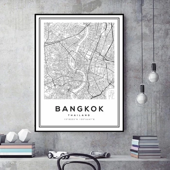 Must ja Valge Bangkok Kaart Põhjamaade Tai Linna Kaart Seina Art Trükitud Pildid, Plakatid ja Pildid elutuba Home Decor