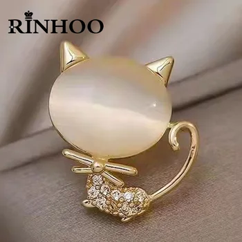 Rinhoo Korea Rhinestone Opaal Kass Prossid Naiste Kulla Värvi Loomade Kassipoeg Rinnamikrofon Nööpnõelad Mood Kristalli Embleemi Korsett Ehted