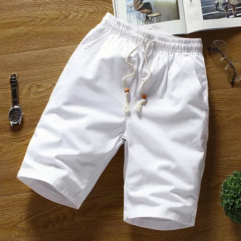 Suvel puuvillast püksid meestele suured , ühtlase värvi lühikesed püksid mees / Valge Sirge lahti meeste hingav elastne vöökoht lühikesed püksid