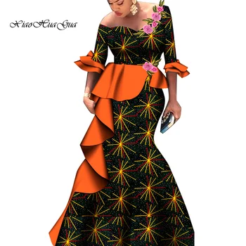 Aafrika Kleidid Naistele moedisain Uus-Aafrika Bazin Poole Põletatud Varrukad Ruffle Pikk Kleit Applique Maxi Kleit WY9048