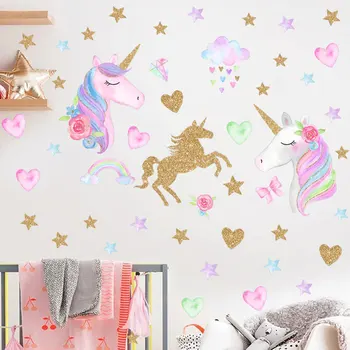 Cartoon Ükssarvik Hobune Star Südame Kuju Muster Seina Kleepsud Kids Room Kodu Kaunistamiseks Diy Loomade Pannoo Kunst Pvc Decal