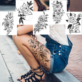 Geomeetriline Lill Ajutiste Tätoveeringute Kleebis Realistlik Võltsitud Veekindel Must Roos Tatoos Naiste Tüdruk Body Art Käe Jalad Tattoo
