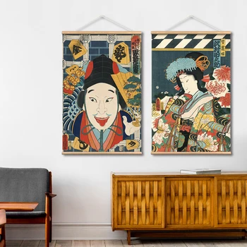 Jaapani Ohvitser Ukiyoe Leidke Lõuend Seina Maali Kunst Elutuba Vintage Character Leidke Plakat Koos Puidust Riidepuu
