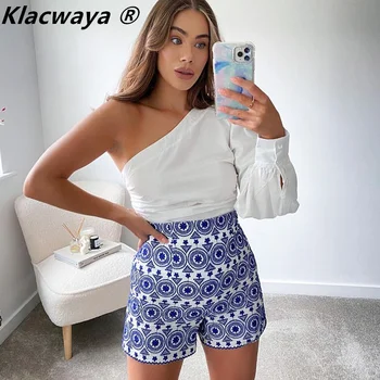 Klacwaya Naiste 2021 Sinine Tikand Kõrge Vöökoht Lühikesed Püksid Lady Fashion Boho Stiilis Püksid Vintage Küljel Tõmblukk Stiilne Naiste Püksid