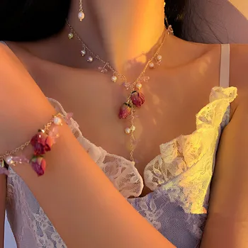 Lõuna-Korea fashion flower pearl käevõru, kaelakee komplekt super haldjas tõusis temperament õrn clavicle kett kõrvarõngas naine