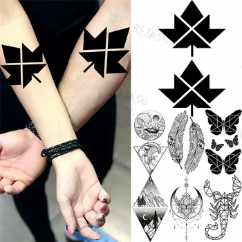 Must Geomeetriline Väike Maple Leaf Ajutiste Tätoveeringute Naistele, Meestele, Mäed, Jõed Sulg Loomade Võltsitud Tattoo Poole Varruka Tatoos