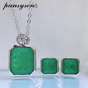 PANSYSEN Uusi Tahke Hõbe 925 Ehted Emerald Kõrge Süsiniku Diamond Gemstone Ripats Kaelakee, Kõrvarõngad Ehted Komplekti Hulgimüük