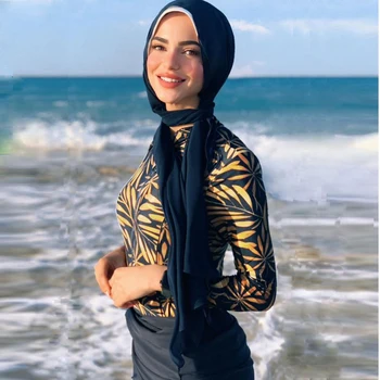 Ramadan Moslemi Naiste Ujumisriided Trükitud Plain Segast 3 Tükis Ujumistrikoo Hijab Pikkade Varrukatega Sport Islami Burkinis Kanda
