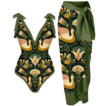 Roheline Retro Šikk Prindi Lips Bikinis Naised Ühes Tükis Ujumistrikoo ja Seelik Suvel Deep-v Beachwear Naiste trikoo Ujumiseks Slim