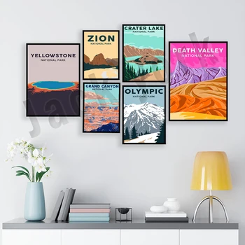 Siion, Liustik, Yellowstone ' I, Death Valley, Crater Lake, Yosemite, Grand Canyon National Park Adventure Travel Plakat, Lõuend Prindi