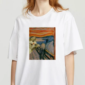 Suvel Naiste T-särk Õli maalid kass Trükitud Tshirts Vabaaja Tops Tee Harajuku 90s Vintage Valge särk mujer camisetas