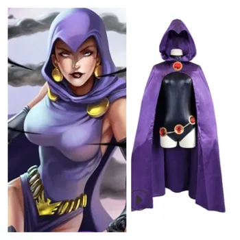 Teen Titans superkangelane Raven cosplay kostüüm MUSTA BODYSUIT lilla kapuutsiga varjatud täiskasvanud laste Halloween Kostüüm Komplekt