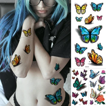 Veekindel Ajutine Tätoveering Kleebis Sinine kollane liblikas Võltsitud Tatto Flash Tõusis Tätoveering Body Art 3D Tüdruk Naised
