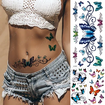 Veekindel Ajutine Tätoveering Kleebis Talje Liblikas Totem Võltsitud Tatto Flash Must Lilled Tätoveering Body Art 3d Tüdruk Naised