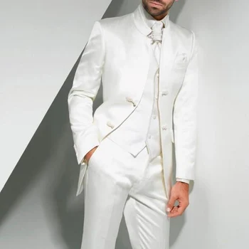 Vintage Valge Pikk Tuunika Meeste Ülikonnad, mis on mõeldud Peigmees Pulmas Smoking with Stand Krae 3 Töö Mees Fashion Ehted Komplekt Jakk, Vest Püksid