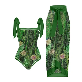 Vintage Õie Printida Bikiinid Slim Roheline Üks Töö Beachwear Holiday Beach Kleit Liblikas Rihm Elegantne Ujumistrikoo Naistele